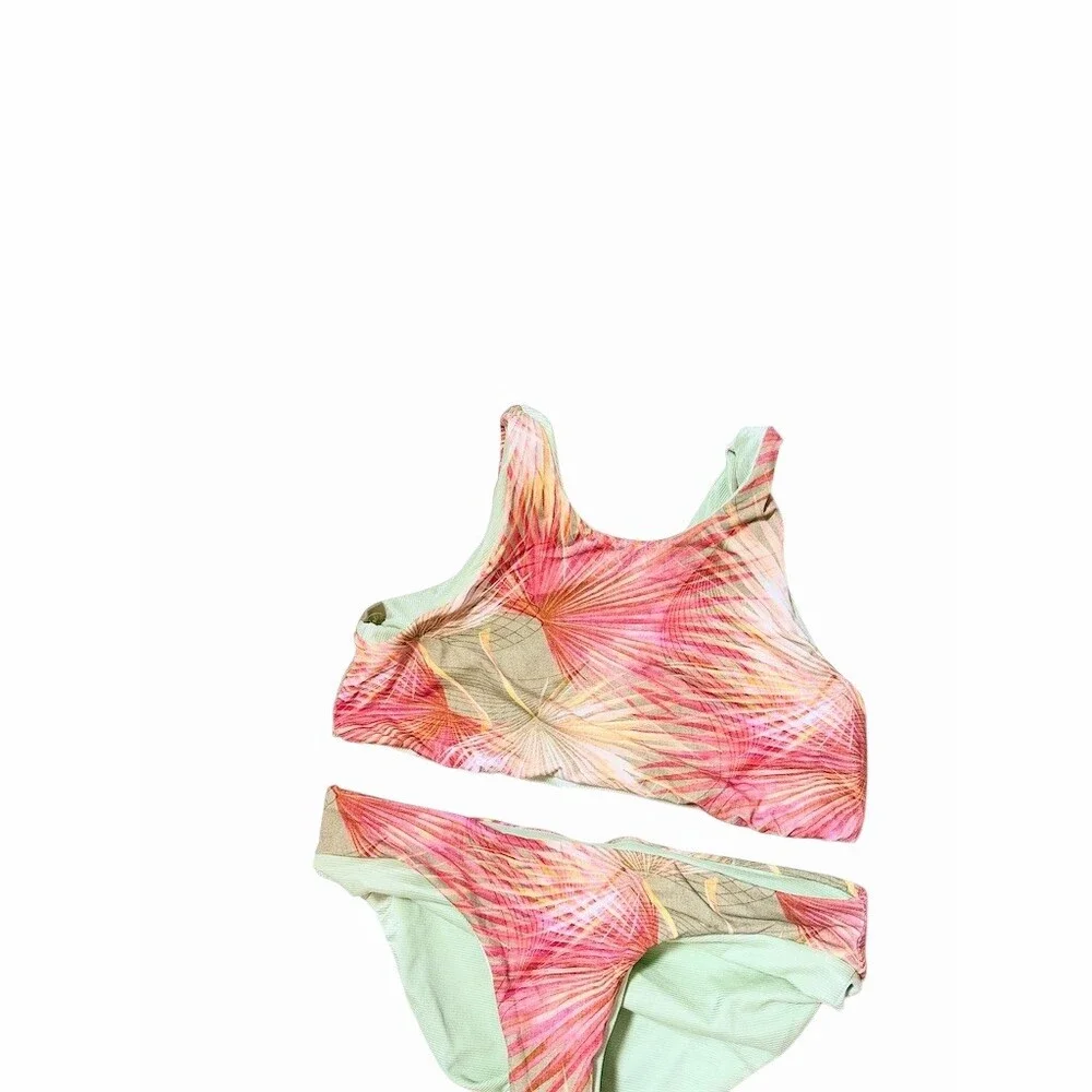 IMSY Girls Reversible Bikini Set 8 | Mint Green & Tropical Palm Print